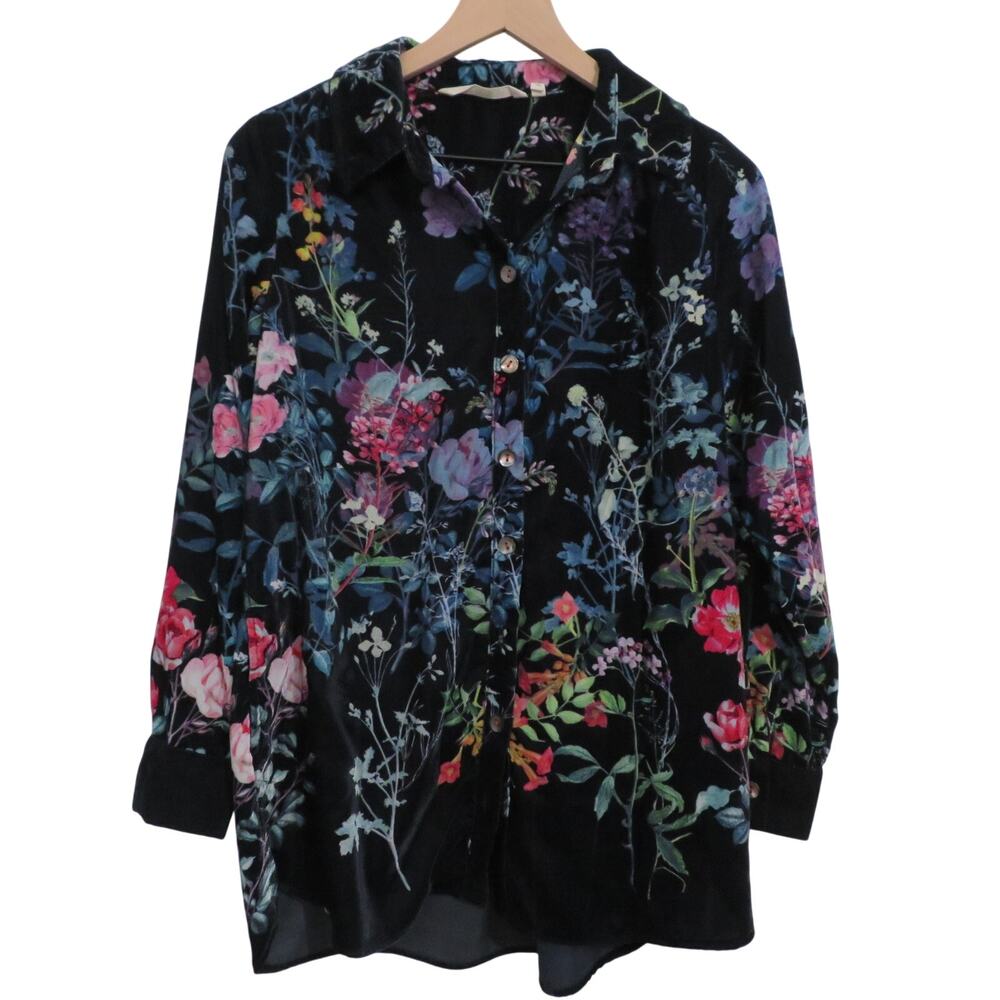 Soft Surroundings Womens Sz S Jardim Velvet Black Floral Velvet Button Front Top